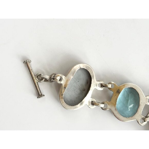 Blue Gemstone & Jasper Chainlink Silver Toned Chunky Vintage Tennis Bracelet - Picture 11 of 14